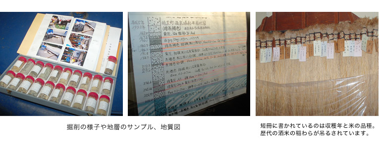 掘削の様子や地層のサンプル、地質図短冊に書かれているのは収穫年と米の品種。
歴代の酒米の稲わらが吊るされています。